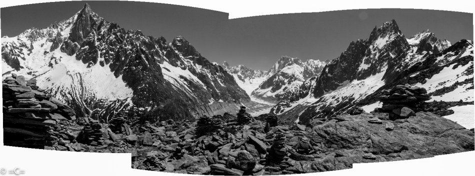 every time i loose someone to the mountains i go to the signal and build a cairn . It is a place overlooking the leshaud glacier and the mer de glace coming from the mont blanc. You can see the grande jorasse, aiguille verte, dru, moine  and many others. it is a very strong place with a lot of energy. I am unsure of when and why people  started building cairns here , you have hundreds, its a very nice place. So i built one for christian cabanilla. i dont put names or anything. just something that belonged to him. I come here often. i like it. it is very relaxing. 