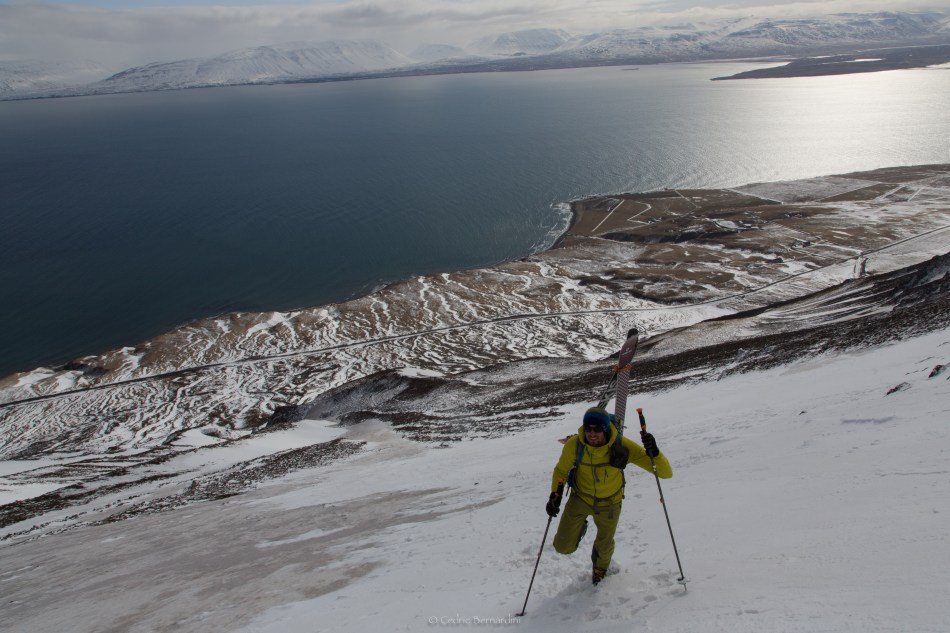 ben briggs hking a couloir in iceland.