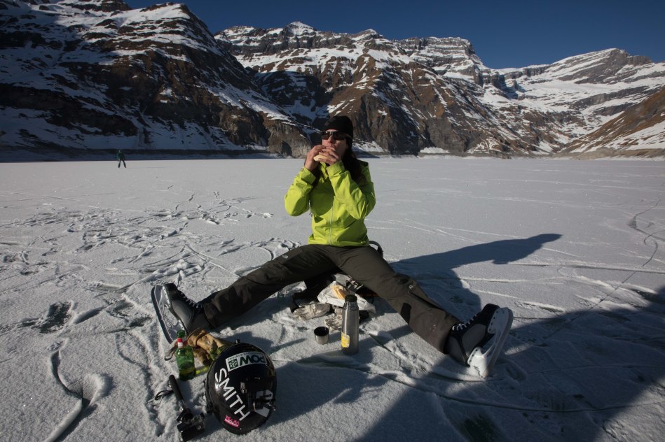 john minogue, giulia monego. emosson dam. ice skate